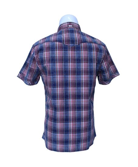 メンズチェックチェックグリッドシャツ、糸染めチェックショートスリーブシャツ